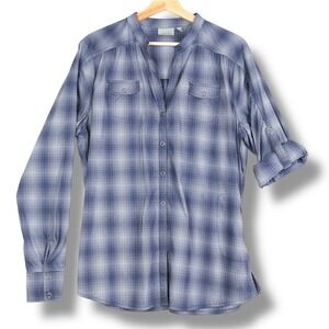 Athleta Womens Hiking Blouse XL Blue Micro Check Button Down Shirt Travel  Work